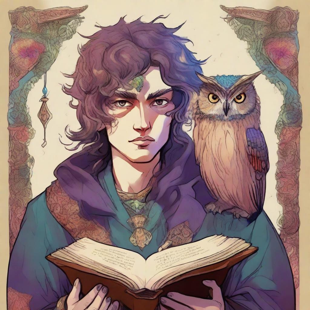 A colorful and psychedelic portrait of a young human wizard who specializes in divination