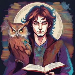 A colorful and psychedelic portrait of a young human wizard who specializes in divination