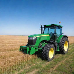 A robust and powerful tractor in vibrant green, positioned amidst a field covered in golden wheat under a clear blue sky.