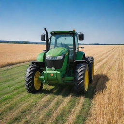 A robust and powerful tractor in vibrant green, positioned amidst a field covered in golden wheat under a clear blue sky.