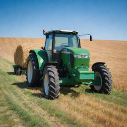 A robust and powerful tractor in vibrant green, positioned amidst a field covered in golden wheat under a clear blue sky.