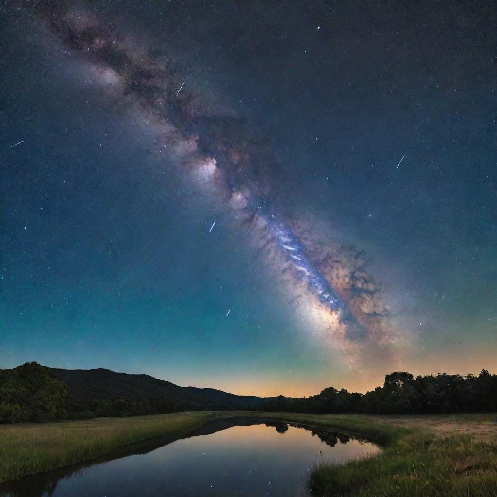 An enchanting celestial scene featuring a vibrant milky way across an expansive clear night sky, with shooting stars and luminous planets.