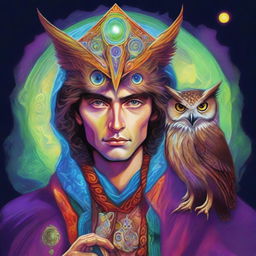 A colorful psychedelic portrait of a young human wizard who specializes in divination