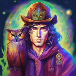 A colorful psychedelic portrait of a young human wizard who specializes in divination