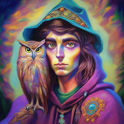 A colorful psychedelic portrait of a young human wizard who specializes in divination