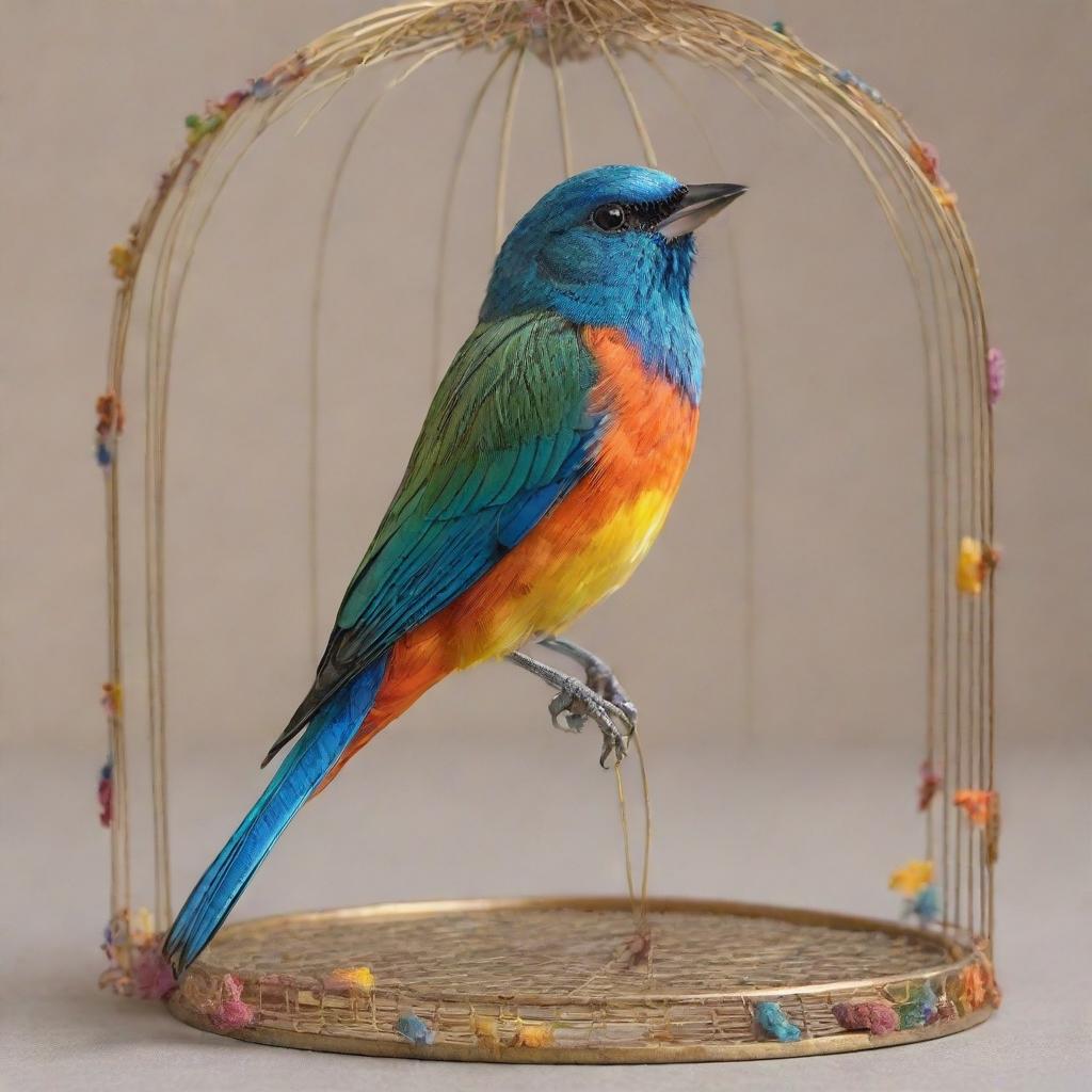 A delicate, vibrant songbird, with a cascade of colorful plumage, inside an artfully crafted, intricate cage