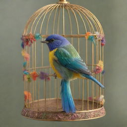 A delicate, vibrant songbird, with a cascade of colorful plumage, inside an artfully crafted, intricate cage