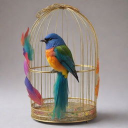 A delicate, vibrant songbird, with a cascade of colorful plumage, inside an artfully crafted, intricate cage