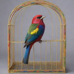 A delicate, vibrant songbird, with a cascade of colorful plumage, inside an artfully crafted, intricate cage