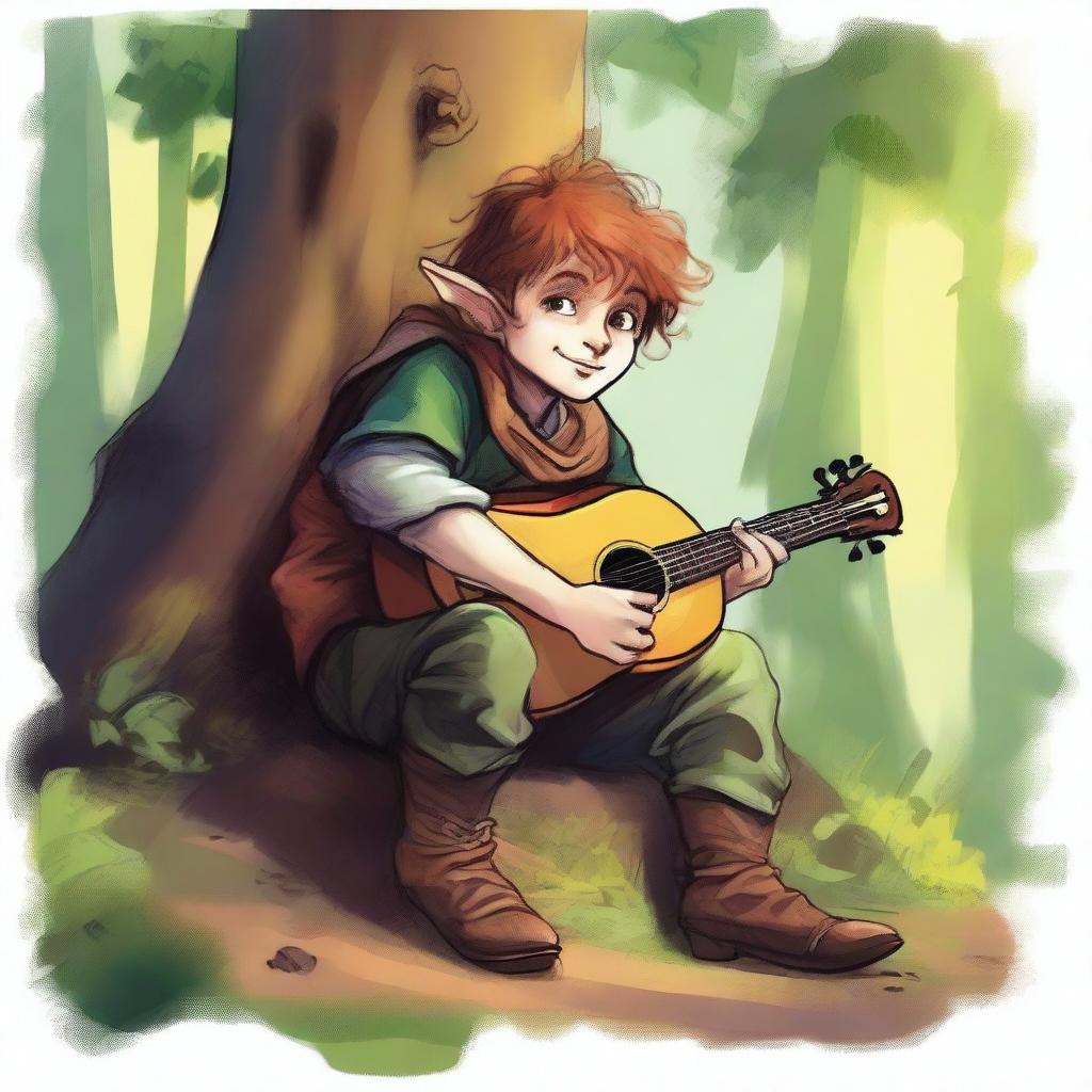 An inky, colorful portrait of a halfling bard resting in a forest clearing