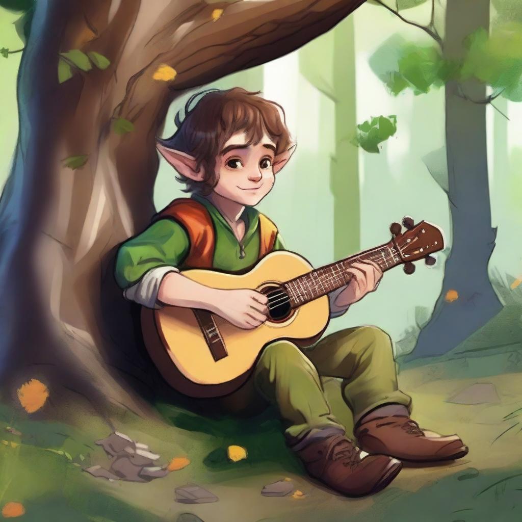 An inky, colorful portrait of a halfling bard resting in a forest clearing