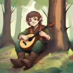 An inky, colorful portrait of a halfling bard resting in a forest clearing