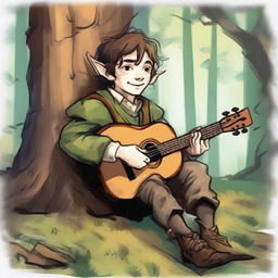 An inky, colorful portrait of a halfling bard resting in a forest clearing