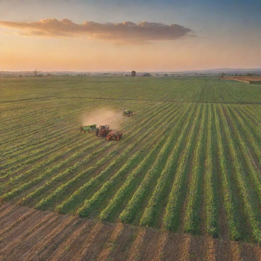 Two farming tractors and a harvester in a rich, expansive farmland captured during a vibrant sunrise.