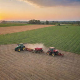 Two farming tractors and a harvester in a rich, expansive farmland captured during a vibrant sunrise.