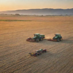 Two farming tractors and a harvester in a rich, expansive farmland captured during a vibrant sunrise.