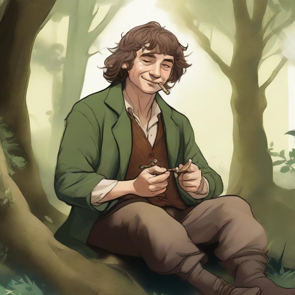 An inky and vibrant portrait of a hobbit bard smirking, as he takes a rest in a forest clearing