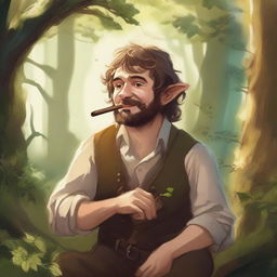 An inky and vibrant portrait of a hobbit bard smirking, as he takes a rest in a forest clearing