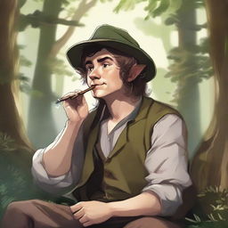 An inky and vibrant portrait of a hobbit bard smirking, as he takes a rest in a forest clearing