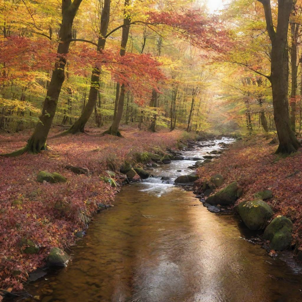 A beautiful, serene forest with a stream, interspersed with colorful autumn foliage and the soft scattering of sunlight penetrating through the branches.