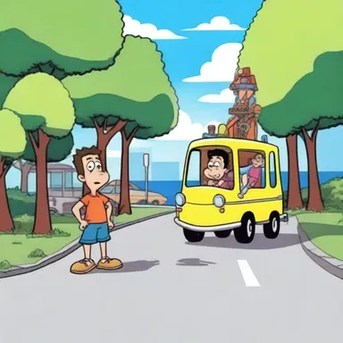 In the animated television show, the character crossed the safety island while dodging traffic, adding a comedic element to the scene.