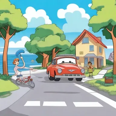 In the animated television show, the character crossed the safety island while dodging traffic, adding a comedic element to the scene.