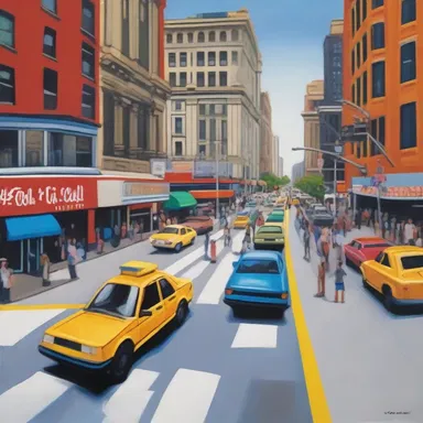The painting depicted a bustling city street with a vibrant safety island at the center, symbolizing the division of traffic and pedestrians.
