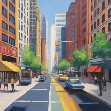 The painting depicted a bustling city street with a vibrant safety island at the center, symbolizing the division of traffic and pedestrians.