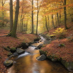 A beautiful, serene forest with a stream, interspersed with colorful autumn foliage and the soft scattering of sunlight penetrating through the branches.