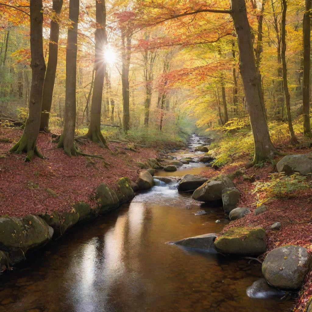 A beautiful, serene forest with a stream, interspersed with colorful autumn foliage and the soft scattering of sunlight penetrating through the branches.