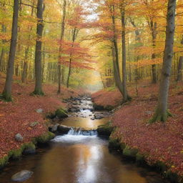 A beautiful, serene forest with a stream, interspersed with colorful autumn foliage and the soft scattering of sunlight penetrating through the branches.