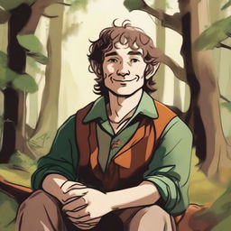 An inky and colorful portrait of a hobbit bard, smirking as he rests in a sunlit forest clearing