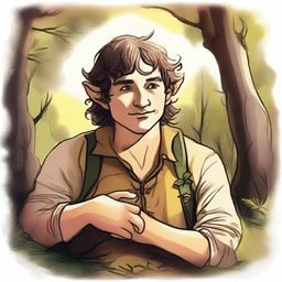 An inky and colorful portrait of a hobbit bard, smirking as he rests in a sunlit forest clearing