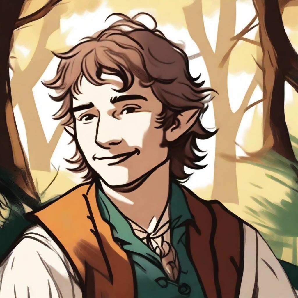 An inky and colorful portrait of a hobbit bard, smirking as he rests in a sunlit forest clearing