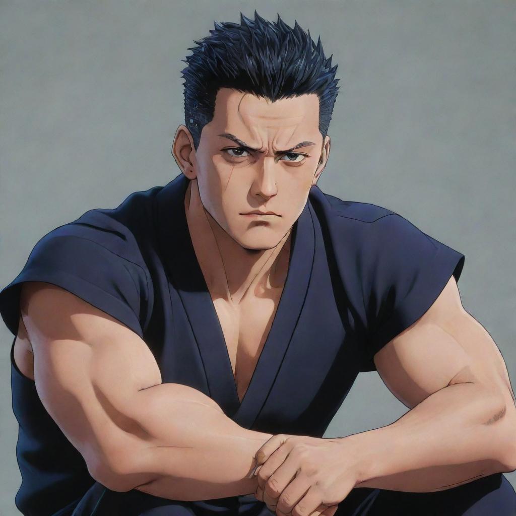 A detailed, vivid image of Toji Fushiguro, a character from Jujutsu Kaisen, showcasing his strong, muscular physique, sharp eyes, and casual attire.