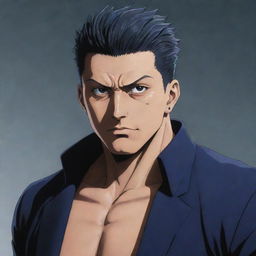 A detailed, vivid image of Toji Fushiguro, a character from Jujutsu Kaisen, showcasing his strong, muscular physique, sharp eyes, and casual attire.