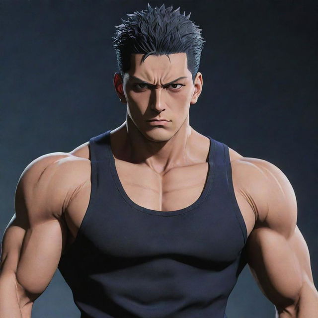 A detailed, vivid image of Toji Fushiguro, a character from Jujutsu Kaisen, showcasing his strong, muscular physique, sharp eyes, and casual attire.