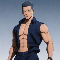 A detailed, vivid image of Toji Fushiguro, a character from Jujutsu Kaisen, showcasing his strong, muscular physique, sharp eyes, and casual attire.