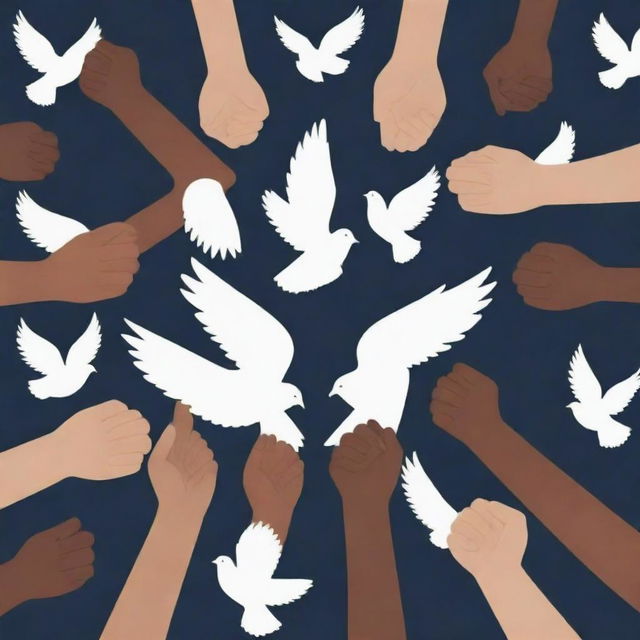 A visually striking canva-like background focused on advocacy themes. It should evoke the concept of justice, unity and activism. Amalgamation of symbolic characteristics like scale of justice, unity in hands, peace doves, etc.