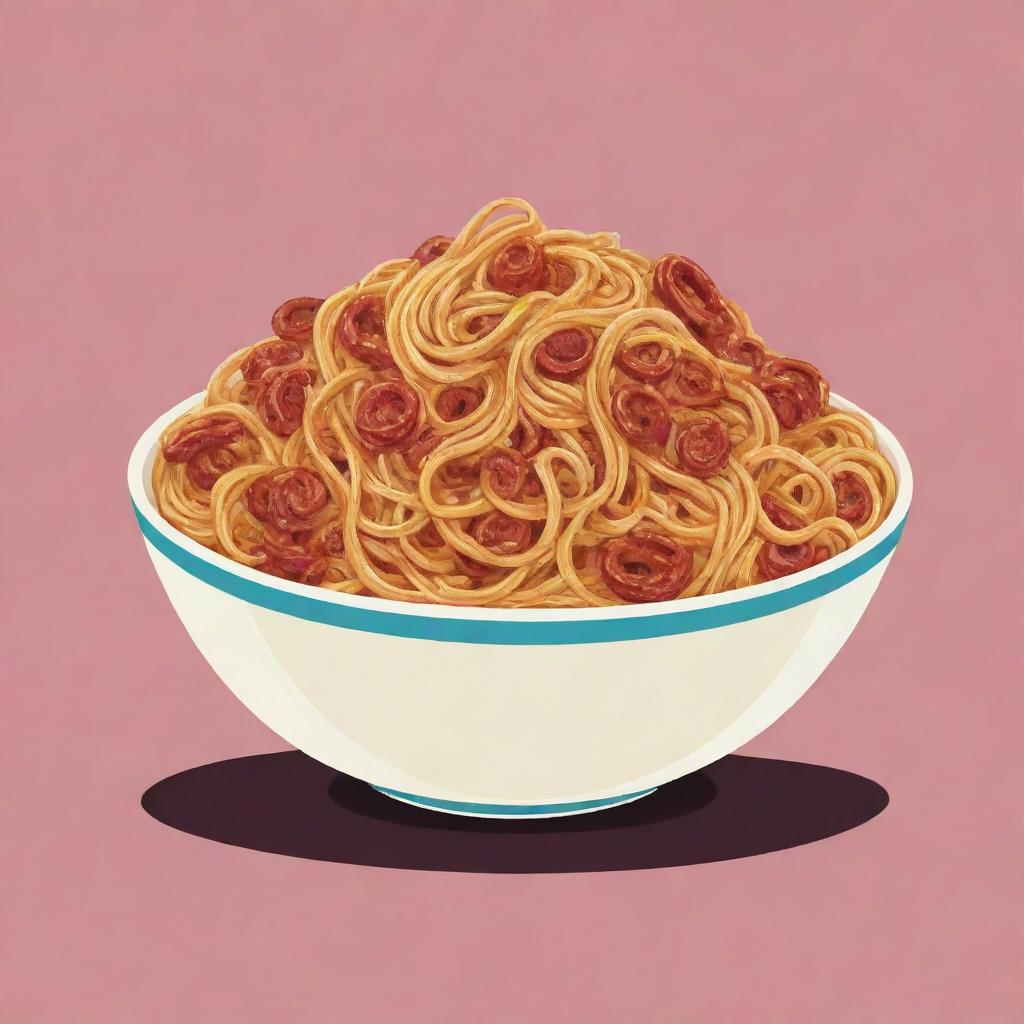 A whimsical, cartoon-style image of a bowl filled with delicious, swirling spaghetti, each strand having cheerful expressions.