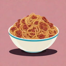 A whimsical, cartoon-style image of a bowl filled with delicious, swirling spaghetti, each strand having cheerful expressions.