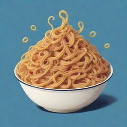 A whimsical, cartoon-style image of a bowl filled with delicious, swirling spaghetti, each strand having cheerful expressions.