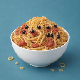 A whimsical, cartoon-style image of a bowl filled with delicious, swirling spaghetti, each strand having cheerful expressions.