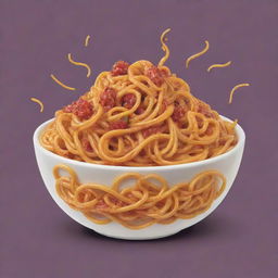 A whimsical, cartoon-style image of a bowl filled with delicious, swirling spaghetti, each strand having cheerful expressions.