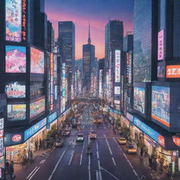 Create a vibrant anime scene with intricate characters in a futuristic Tokyo cityscape during evening.