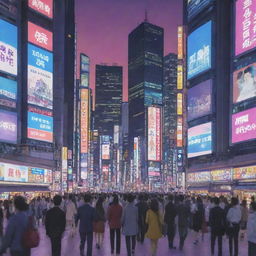 Create a vibrant anime scene with intricate characters in a futuristic Tokyo cityscape during evening.