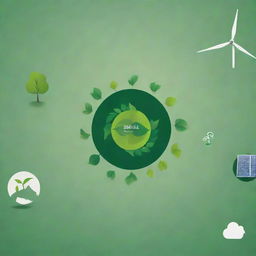 A visually engaging canva-like background featuring themes of environmental preservation. Include elements such as young saplings, recycle symbols, the earth in greenery, wind turbines and solar panels, all in varying shades of green.