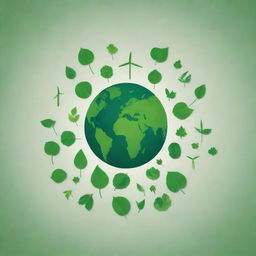 A visually engaging canva-like background featuring themes of environmental preservation. Include elements such as young saplings, recycle symbols, the earth in greenery, wind turbines and solar panels, all in varying shades of green.