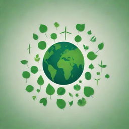 A visually engaging canva-like background featuring themes of environmental preservation. Include elements such as young saplings, recycle symbols, the earth in greenery, wind turbines and solar panels, all in varying shades of green.