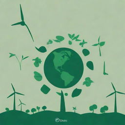 A visually engaging canva-like background featuring themes of environmental preservation. Include elements such as young saplings, recycle symbols, the earth in greenery, wind turbines and solar panels, all in varying shades of green.